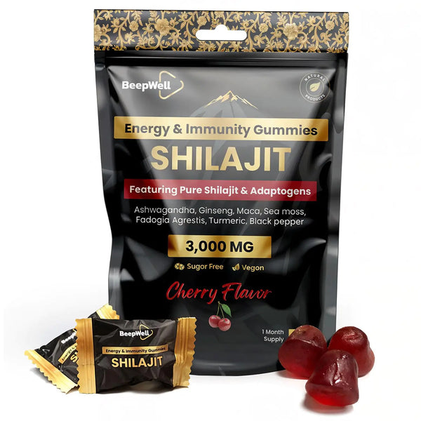 BeepWell Shilajit Gummies – High Potency Gummies for Overall Wellness Sugar Free Vegan Gummies- 100% Natural and Organic - 3000mg - 60 Gummies - Cherry Flavored